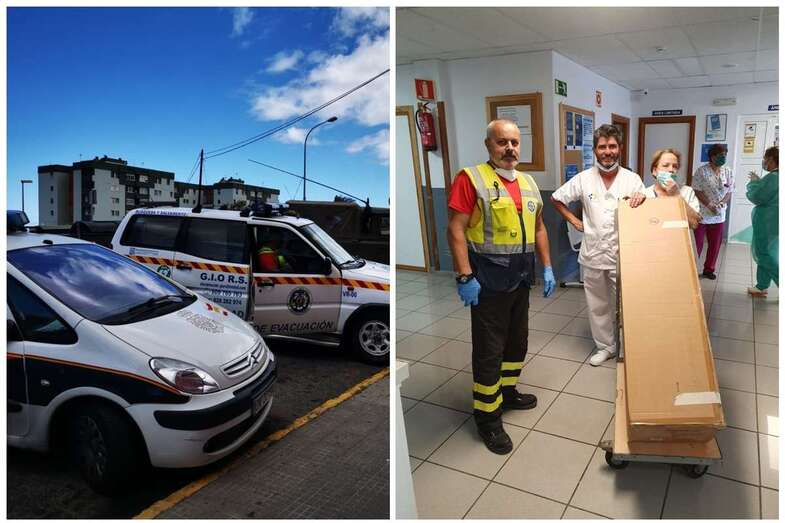 Vehículo del GIORS junto a un coche patrulla de la Policía Nacional y el coordinador del grupo en el momento de la entrega de material en el Centro de Salud (Foto TA)